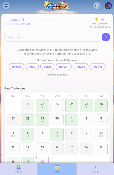Word Snaps Daily on a phone, showing the Casual, Daily and Versus tabs above the ranked guess list.